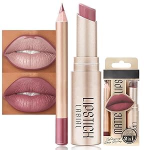 Lipstick Lipliner Set Matte Lipstick Lip Liner Long-Lasting Waterproof Vegan Gluten-Free (Nude Brown Shades)