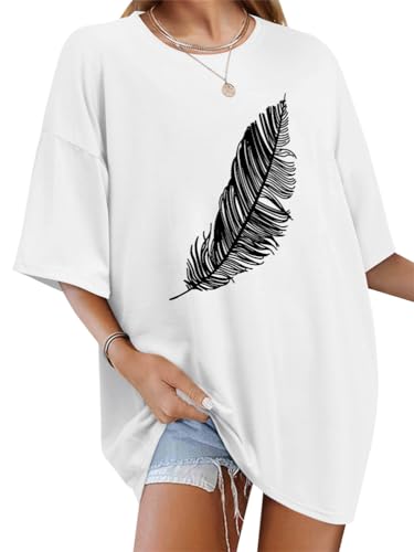 Tomwell Women’s Oversized T-Shirt – Good Vibes Feather Print
