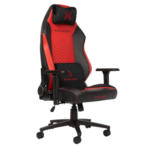 PARADOX - Gaming Stuhl - Schreibtischstuhl Ergonomisch - Verstellbare Armlehnen und Rückenlehne, Liegefunktion, Kissen, 125 kg Belastbar - Vanguard Crimson Arovs, Schwarz, Rot, Pfeil-Muster