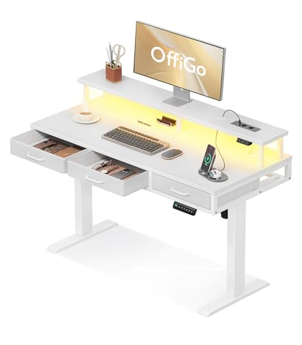 OffiGo Elektrischer Schreibtisch mit Schubladen, 120cm Höhenverstellbarer Schreibtisch mit Monitorständer, Gaming Tisch mit Steckdosen und Lichtleiste, Tisch Höhenverstellbar Bürotisch, Weiß
