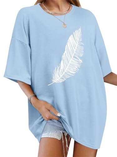 Tomwell Women’s Oversized T-Shirt – Good Vibes Feather Print