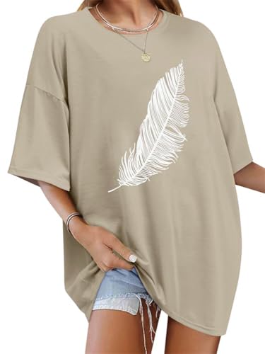 Tomwell Women’s Oversized T-Shirt – Good Vibes Feather Print