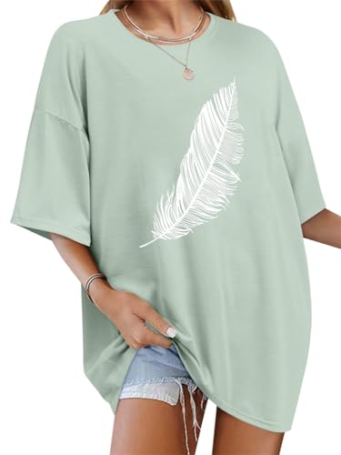 Tomwell Women’s Oversized T-Shirt – Good Vibes Feather Print