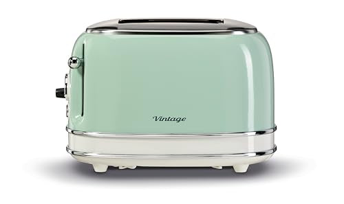 Ariete Vintage 155, 2-Scheiben-Toaster, Retro Toaster mit 6 Toaststufen, Automatischer Auswurf, Auftaufunktion, Herausnehmbares Krümelfach, Gehäuse aus Edelstahl, mit Sandwichzangen, 810W, Vert