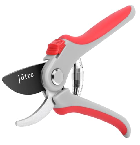Jütze® Gartenschere für Sträucher und Blumen mit Rutschfester Griff & Edelstahl-Klinge, Leicht & Ergonomisch Rosenschere, Sicher mit Klingensperre, Beidhändig bedienbar, Länge 19cm