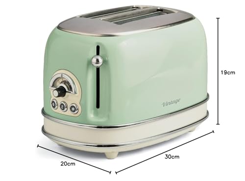 Ariete Vintage 155, 2-Scheiben-Toaster, Retro Toaster mit 6 Toaststufen, Automatischer Auswurf, Auftaufunktion, Herausnehmbares Krümelfach, Gehäuse aus Edelstahl, mit Sandwichzangen, 810W, Vert