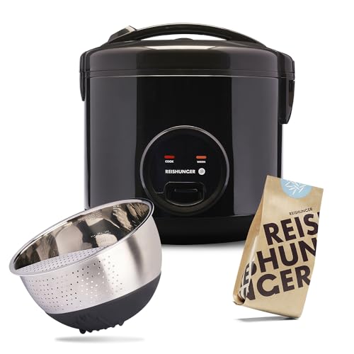 REISHUNGER Reiskocher & Dampfgarer mit Keramikbeschichtung - 1,2 L, Schwarz - Für 1-6 Personen - Schnelle Zubereitung ohne Anbrennen - Mit Warmhaltefunktion inkl. Dämpfeinsatz, Löffel & Messbecher