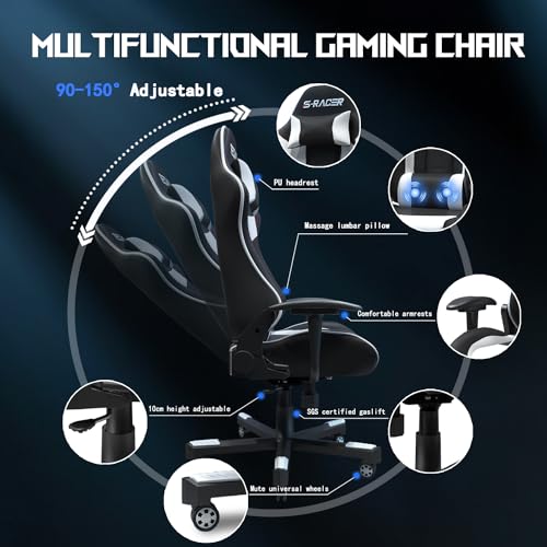 JUMMICO Massage Gaming Chair, Office Chair Ergonomic with Lumbar Support, Computer Chairs Racing Office Chairs Armchair, Height Adjustable Deck Chair Desk Chair 150kg Load Capacity, White