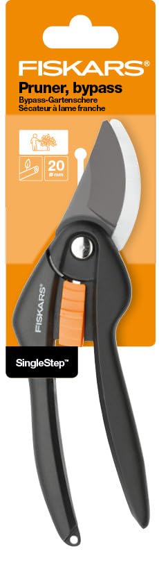 Fiskars Bypass-Gartenschere für frische Äste und Zweige, Antihaftbeschichtet, Hochwertige Stahl-Klingen, Länge: 20 cm, Schwarz/Orange, SingleStep