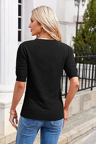 Women's Short Sleeve Knit Sweater – Casual Round Neck Puff Sleeve Pullover