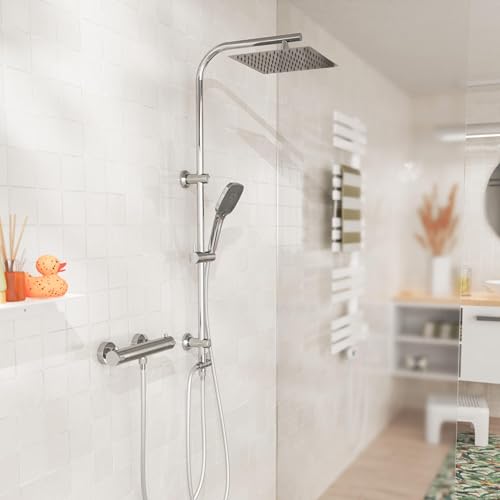 EISL Duschset EASY FRESH, Duschsystem ohne Armatur 2 in 1 mit großer Regendusche (250 x 200 mm) und Handbrause, Regendusche ohne Armatur ideal zum Nachrüsten, komplettes Montageset, Chrom DX12006