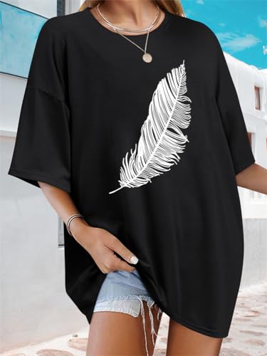 Tomwell Women’s Oversized T-Shirt – Good Vibes Feather Print