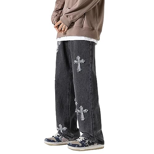 Y2K Vintage Effect Baggy Jeans for Men with Cross Print