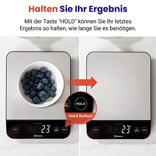 ETEKCITY Küchenwaage, digital 5KG mit großem LCD-Display,Digitalwaage, Briefwaage mit Großer Edelstahl Wiegefläche, Flüssigkeitsmessung, hohe Präzision auf bis zu 1g, Tara-Funktion, Silber