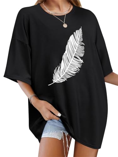 Tomwell Women’s Oversized T-Shirt – Good Vibes Feather Print