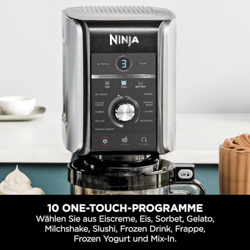 Ninja CREAMi Eismaschine & Dessertmaschine mit 3 Behältern, 7 Programmen, Herstellung von Eis, Gelato, Sorbet, Smoothie-Bowls, Milchshakes und mehr, Schwarz/Silber, 1,4L Eiscreme Kapazität, NC300EU