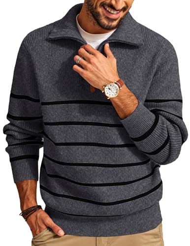 PJ PAUL JONES Men’s Quarter Zip Sweater – Striped Mock Neck Pullover