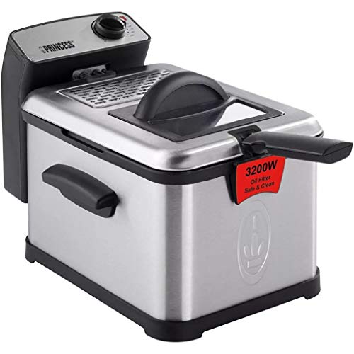 Princess 183001 Edelstahl Fritteuse mit 3 Liter Fassungsvermögen, Ölfilter und Kaltzonenfunktion, entnehmbarer Edelstahl-Behältereinsatz, Silber 01.183001.050