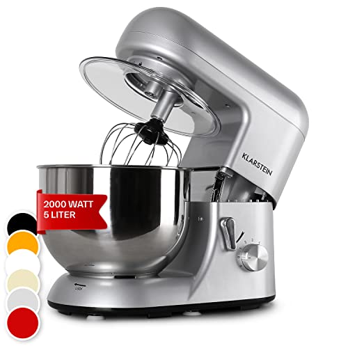 Klarstein Küchenmaschine, Knetmaschine mit 5L Schüssel, 1800W Profi Küchenmaschine mit Knethaken und Schneebesen, Universal Küchenmaschine mit 6 Stufen, Teigmaschine zum Rühren, Kneten und Aufschlagen