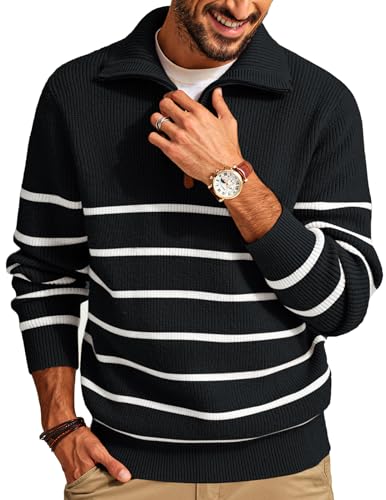 PJ PAUL JONES Men’s Quarter Zip Sweater – Striped Mock Neck Pullover