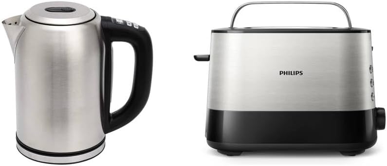 Amazon Basics 1.7L Edelstahlwasserkocher mit Digitalanzeige8 + Philips Toaster – 2 Toastschlitze, 7 Stufen, Brötchenaufsatz, Auftaufunktion