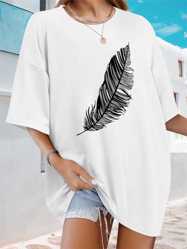 Tomwell Women’s Oversized T-Shirt – Good Vibes Feather Print