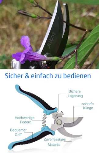 Jütze® Gartenschere für Sträucher und Blumen mit Rutschfester Griff & Edelstahl-Klinge, Leicht & Ergonomisch Rosenschere, Sicher mit Klingensperre, Beidhändig bedienbar, Länge 19cm