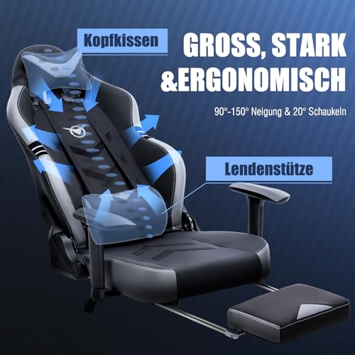 COLAMY Gaming Stuhl mit Fußstütze 160 KG Belastbarkeit-Computer Gamer PC Stuhl, Ergonomisch Hohe Rückenlehne, Verstellbare Rückenlehne, 3D Armlehnen, Kopfstütze und Lordosenstütze, Schwarz