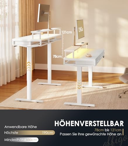 OffiGo Elektrischer Schreibtisch mit Schubladen, 120cm Höhenverstellbarer Schreibtisch mit Monitorständer, Gaming Tisch mit Steckdosen und Lichtleiste, Tisch Höhenverstellbar Bürotisch, Weiß
