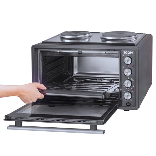 ICQN Kompakter Minibackofen 15 Liter, 1200W, 60 min-Timer, 3 Kochfuntionen, 90°-230°C, Kleiner Camping Ofen, Anthrazit, 2-Jahre Garantie