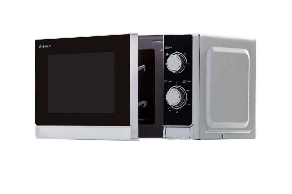 Sharp R200INW Solo-Mikrowelle / 20 L / 800 W / 5 Leistungsstufen / Timer von 35 Minuten bis 00 Sekunden / gewichtgesteuertes Auftauen / Energiesparmodus / Glasdrehteller (25,5 cm) / silber