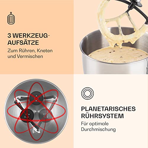Klarstein Küchenmaschine, Knetmaschine mit 5L Schüssel, 1800W Profi Küchenmaschine mit Knethaken und Schneebesen, Universal Küchenmaschine mit 6 Stufen, Teigmaschine zum Rühren, Kneten und Aufschlagen