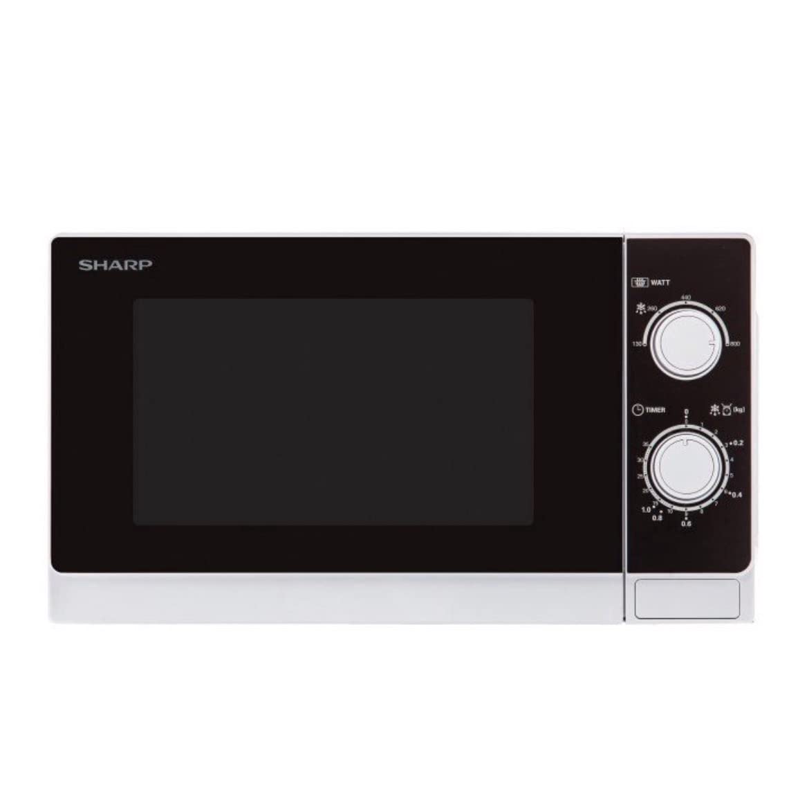 Sharp R200INW Solo-Mikrowelle / 20 L / 800 W / 5 Leistungsstufen / Timer von 35 Minuten bis 00 Sekunden / gewichtgesteuertes Auftauen / Energiesparmodus / Glasdrehteller (25,5 cm) / silber