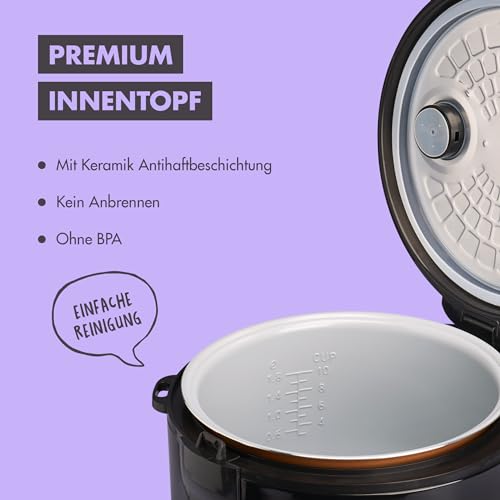REISHUNGER Reiskocher & Dampfgarer mit Keramikbeschichtung - 1,2 L, Schwarz - Für 1-6 Personen - Schnelle Zubereitung ohne Anbrennen - Mit Warmhaltefunktion inkl. Dämpfeinsatz, Löffel & Messbecher