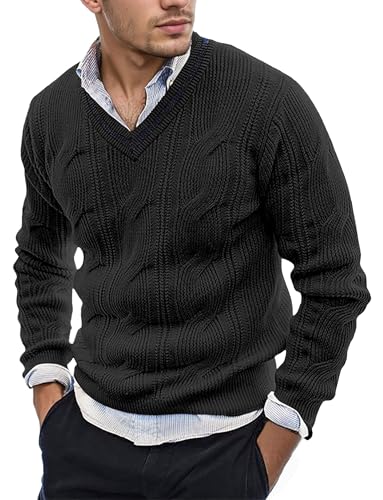 AIEOE Men’s V-Neck Cable Knit Sweater – Long Sleeve Casual Pullover