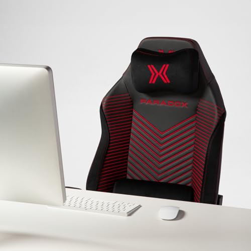 PARADOX - Gaming Stuhl - Schreibtischstuhl Ergonomisch - Verstellbare Armlehnen und Rückenlehne, Liegefunktion, Kissen, 125 kg Belastbar - Vanguard Crimson Arovs, Schwarz, Rot, Pfeil-Muster