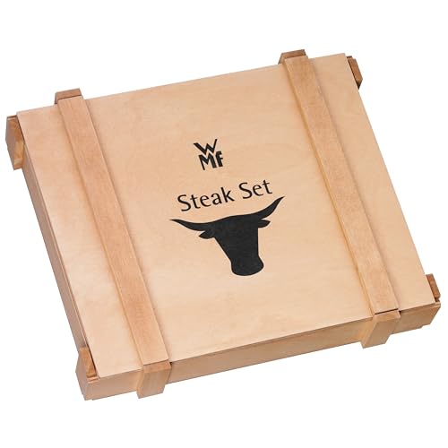 WMF Steakbesteck 12-teilig, Steakbesteck Set für 6 Personen, Steakmesser Set, Steakgabel, Cromargan Edelstahl poliert, Grillbesteck in Holzkiste