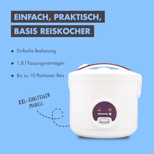 REISHUNGER Reiskocher & Dampfgarer mit Keramikbeschichtung - 1,2 L, Schwarz - Für 1-6 Personen - Schnelle Zubereitung ohne Anbrennen - Mit Warmhaltefunktion inkl. Dämpfeinsatz, Löffel & Messbecher
