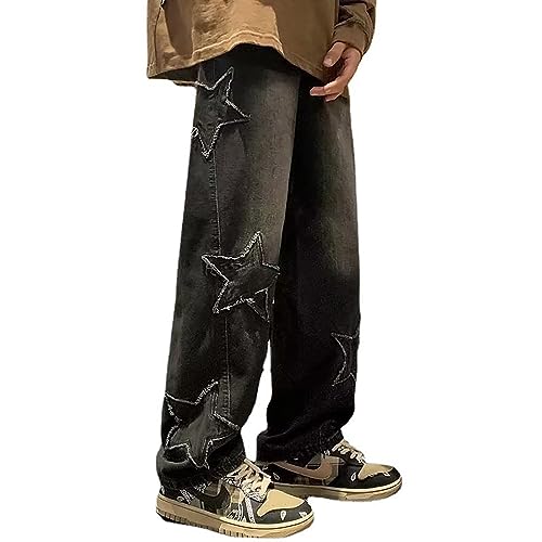 Y2K Vintage Effect Baggy Jeans for Men with Cross Print