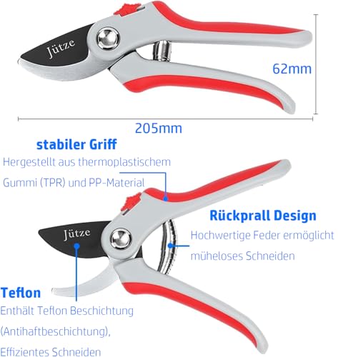 Jütze® Gartenschere für Sträucher und Blumen mit Rutschfester Griff & Edelstahl-Klinge, Leicht & Ergonomisch Rosenschere, Sicher mit Klingensperre, Beidhändig bedienbar, Länge 19cm