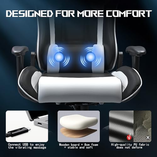 JUMMICO Massage Gaming Chair, Office Chair Ergonomic with Lumbar Support, Computer Chairs Racing Office Chairs Armchair, Height Adjustable Deck Chair Desk Chair 150kg Load Capacity, White