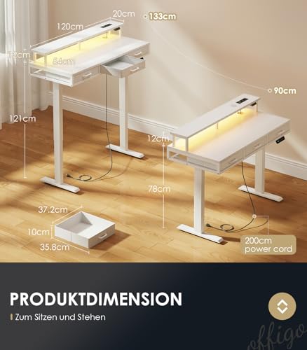 OffiGo Elektrischer Schreibtisch mit Schubladen, 120cm Höhenverstellbarer Schreibtisch mit Monitorständer, Gaming Tisch mit Steckdosen und Lichtleiste, Tisch Höhenverstellbar Bürotisch, Weiß