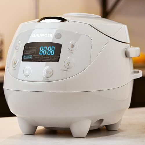 REISHUNGER Digitaler Reiskocher klein, schwarz | 0,6 L bis 3 Personen | Warmhaltefunktion, Timer & Premium Topf | Kleiner Multikocher & Dampfgarer, 8 Programme, 7-Phasen-Technologie