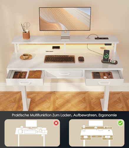 OffiGo Elektrischer Schreibtisch mit Schubladen, 120cm Höhenverstellbarer Schreibtisch mit Monitorständer, Gaming Tisch mit Steckdosen und Lichtleiste, Tisch Höhenverstellbar Bürotisch, Weiß