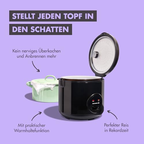 REISHUNGER Reiskocher & Dampfgarer mit Keramikbeschichtung - 1,2 L, Schwarz - Für 1-6 Personen - Schnelle Zubereitung ohne Anbrennen - Mit Warmhaltefunktion inkl. Dämpfeinsatz, Löffel & Messbecher