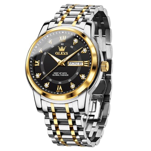 OLEVS Uhren Herren, Klassisches Diamant Edelstahl Wasserdicht Leuchtend Quarzuhr Herren, Römische Ziffern Tag Datum Analoge Geschäft Uhr für Herren