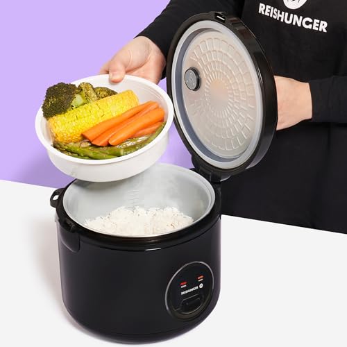REISHUNGER Reiskocher & Dampfgarer mit Keramikbeschichtung - 1,2 L, Schwarz - Für 1-6 Personen - Schnelle Zubereitung ohne Anbrennen - Mit Warmhaltefunktion inkl. Dämpfeinsatz, Löffel & Messbecher