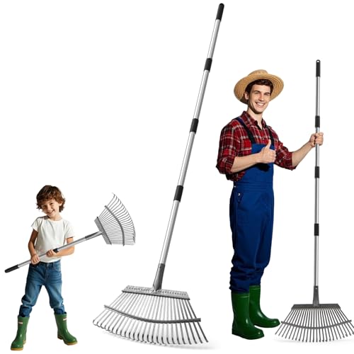 25-Zinken Garten Rechen für Laub, Rasen & Gras, Verstellbarer Langer Stiel Laubrechen, Breiter Metall-Rechenkopf, Ergonomisches Design, Effiziente Reinigung Laubsammler für Garten, Rasen, Moos