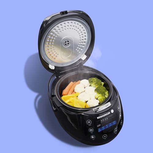 REISHUNGER Digitaler Reiskocher & Dampfgarer Grau | 1,5 L bis 8 Personen | Warmhaltefunktion, Timer & Premium Innentopf | Multikocher, 12 Programme, 7-Phasen-Technologie