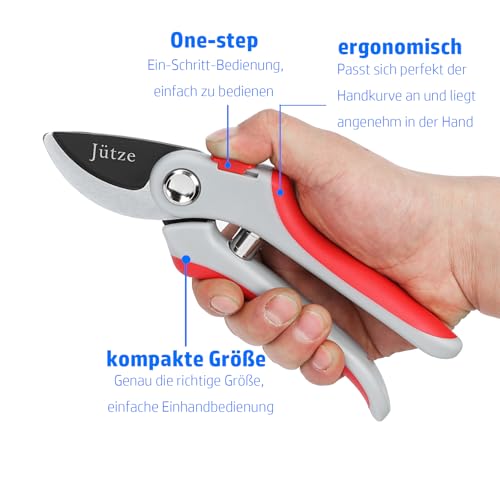 Jütze® Gartenschere für Sträucher und Blumen mit Rutschfester Griff & Edelstahl-Klinge, Leicht & Ergonomisch Rosenschere, Sicher mit Klingensperre, Beidhändig bedienbar, Länge 19cm